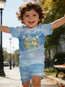 Water ripple double pigeon peace digital print T-shirt, digital print baby short-sleeve set, Baby boy clothes, casual children's clothing for babies, suitable for daily and outdoor sports T-shirts. 100% polyester, gift for infants and young children!