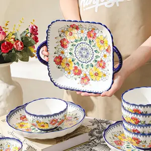 4 pieces of 9-inch double ear square plates, Bohemian style, blue color, suitable for holding grilled chicken, spaghetti, steak and other delicacies, suitable for theme restaurants, Easter parties and other places, microwave safe, can be used for dishwash