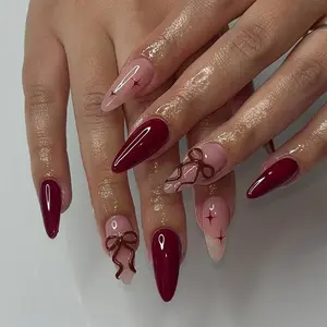 24pcs Clear Nude Nail Polish, Rich Wine, Bow Decor, Silver Glitter Stars, Almond Shape, Medium Length