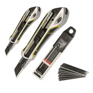 18mm retractable utility knife with zinc alloy blade holder, heavy-duty foldable box cutter, and 10 SK5 blades for cartons, cardboard, and boxes, perfect for office and home use.