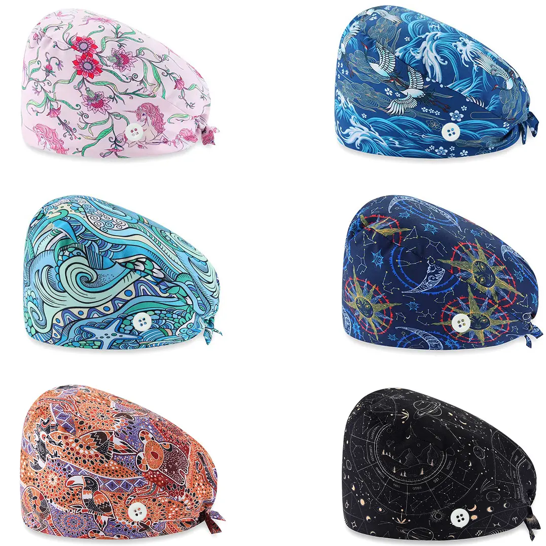 Women's 6-Pack Bouffant Scrub Caps, Adjustable Tie-Back Working Hats with Ponytail Pouch, Comfortable & Stylish Fashionable Hats for Nurses, Hair Bonnet Alternative
