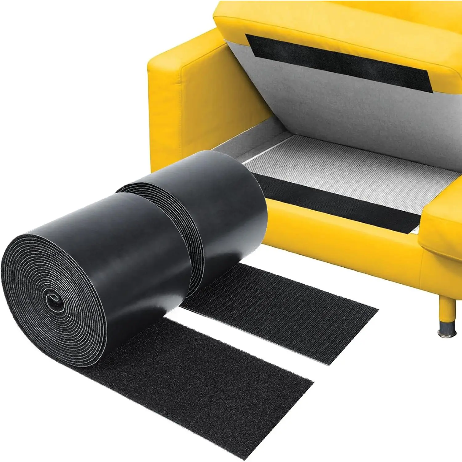 Self-Adhesive Hook and Loop Tape for Couch Cushions and Furniture - 15ft x 4 inch Wide - Heavy Duty Sticky  Tape Fastener - Double Roll with Adhesive Backing - Cut to Size Strips (Black)