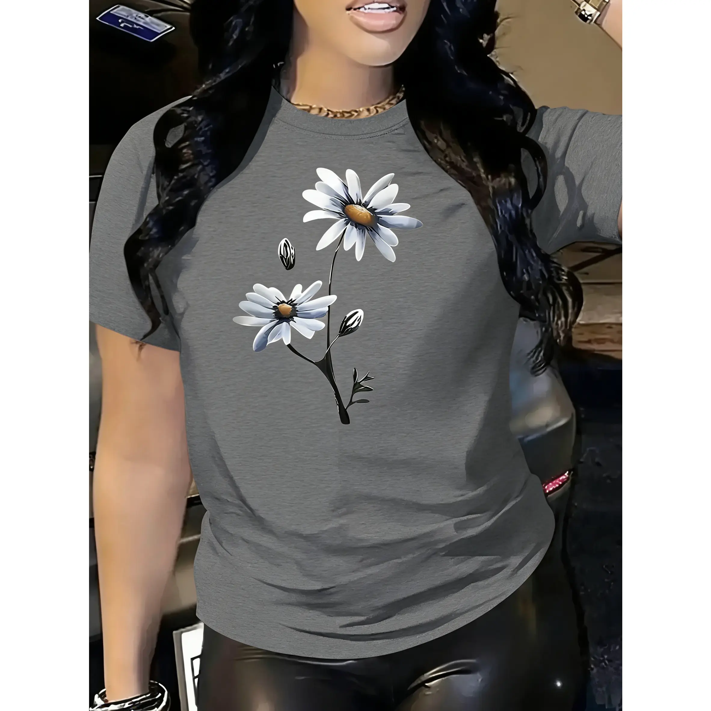 Women's 100% Cotton Sports Short Sleeve T-Shirt - Blue and White Daisy Print, Blush Pink Stretch Crew Neck, Non-Transparent, Machine Washable, Shirts for Women, Suitable for Gym, Casual Wear, Spring Summer Outfit