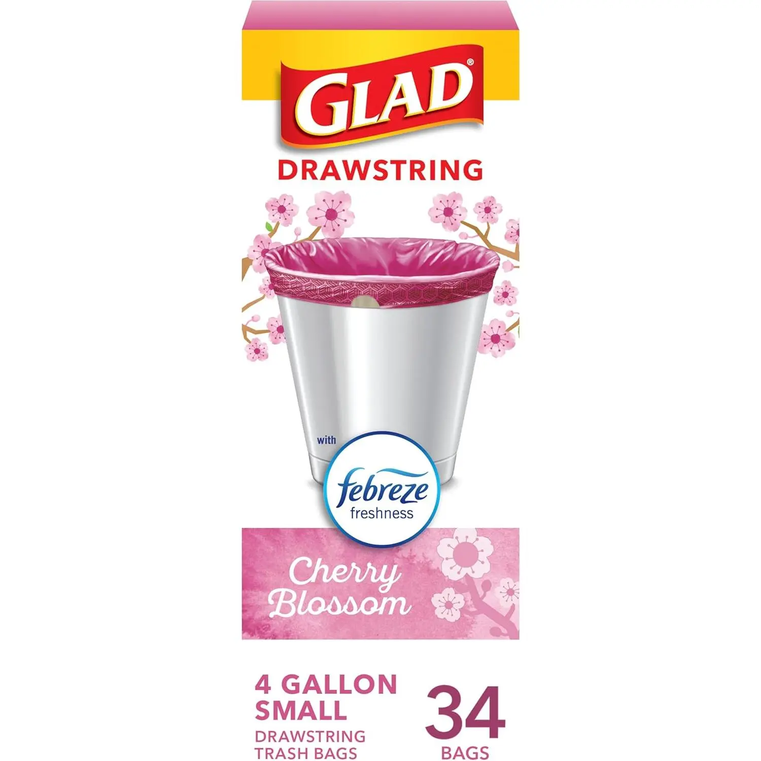 Glad 4-Gal Drawstring Trash Bags, Febreze Cherry Blossom Scented Odor-Resistant Home Care Garbage Bags, 34 Count