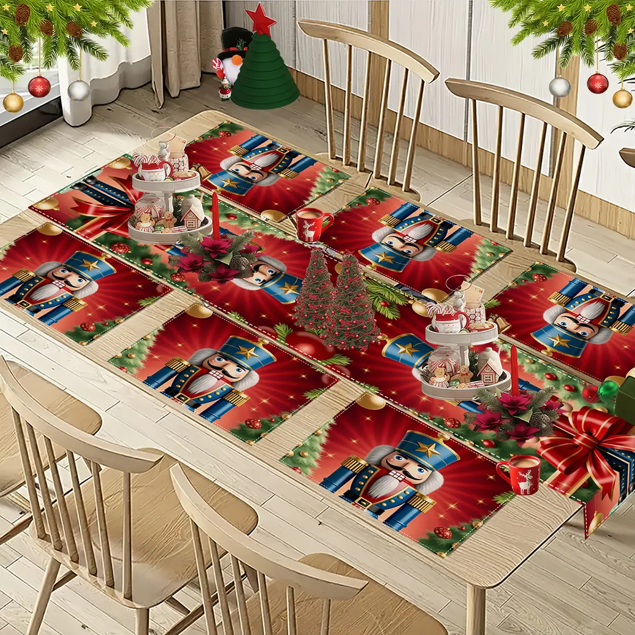 Christmas Style, Table Mat Set, Nutcracker Soldier Pattern With Festive Red Background And Holiday Decorations, Dining Room Table Decoration For Xmas Party, Table Mat Seven Piece Set