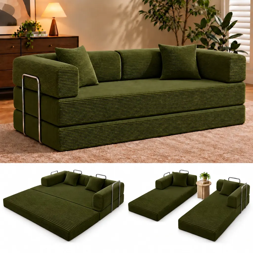 79" 5-in-1 Convertible Sofa Bed, Corduroy Modular Couch with Foam Filling, Boneless Couch for Living Room | Olive Green,Freely Rearrangeable Sofa & Lounge Configurations, No Assembly