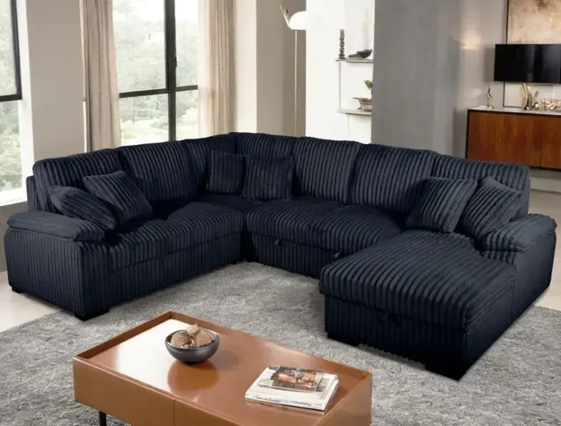 8223-4PC 4 pc Venice black corduroy fabric sectional sofa set pull out sleep area and storage chaise