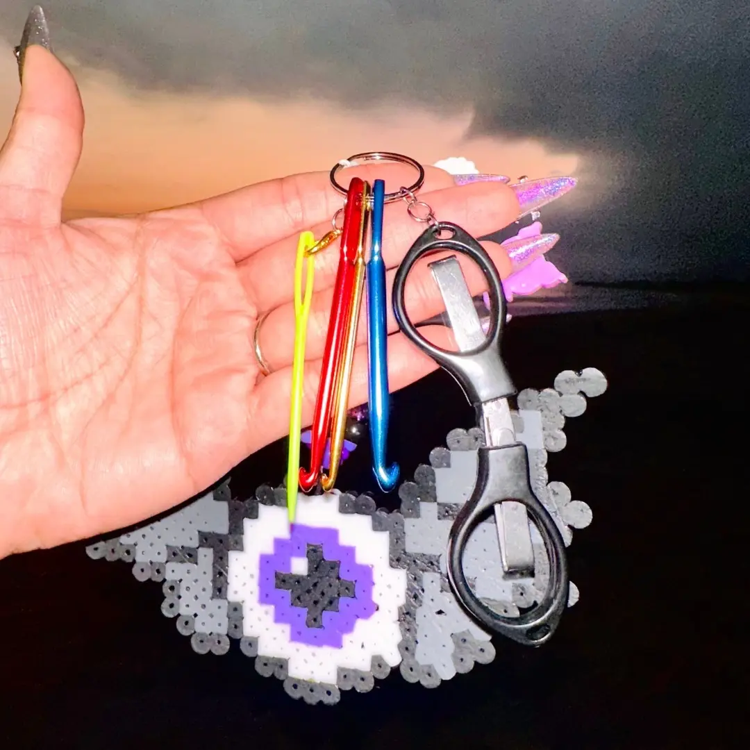 Emergency Knottie Keychains - Crochet Survival Kit: Premade Crochet Keychains, Customizable Hooks, Scissors, Darning Needle with Pixel Design for On-the-Go Crafting