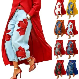 Women's Floral Print High Waist Loose Wide Leg Cropped Faux Denim Jeans with Pockets