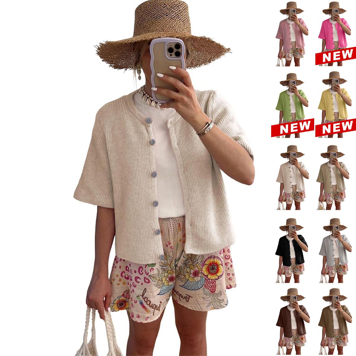 Tanming Women's Short Sleeve Cardigan Sweaters Crew Neck Button Down Soft Ribbed Knitting Tops Lightweight Breathable Su