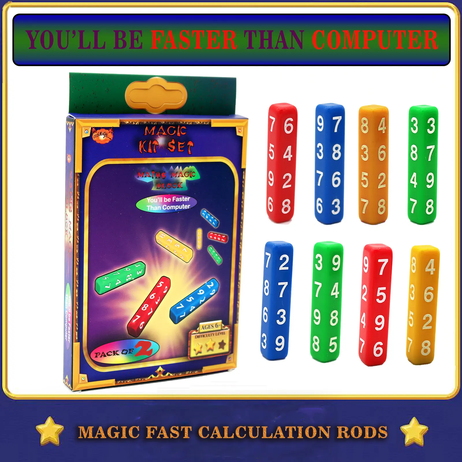 Cosmagia 2 Sets Deluxe Maths Wizz Rectangular Blocks Puzzle - Magic Toy for Entertainment, Beginners, Math Tricks, Arithmetic Psychic Slate, 4 Number Rods, Magic Number Log Trick, Mentalism Domino Element