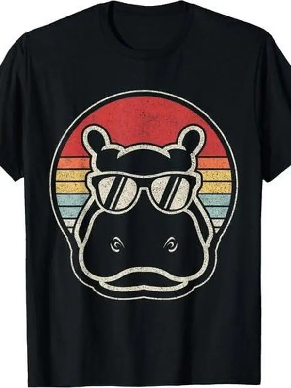 Retro Vintage Hippo Wearing Sunglasses Funny T-Shirt Classic Casual Menswear