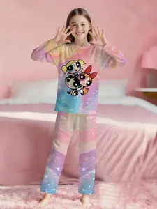SPRUNKI Fun Cartoon Girls 2-Piece Long Sleeve Pajama Set, Digital Print & Extra Long Pants, Flame Resistant, Soft 100% Polyester Loungewear, Cozy Kids Sleepwear, Perfect Gift for Little Girls
