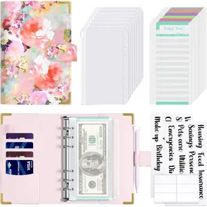 Budget Binder with Zipper Envelopes, A6  Saving Binder  Envelopes for Budgeting, PU Leather Planner  Organizer for  Bills, Cute Floral System Wallet for Women,  Flower