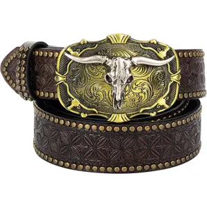 Men Dark-Brown Casual-Belt Bronze-Buckle Western-Cowboy-Belt Country-Rodeo Skull-Longhorn Jeans-Acc for 32-40 In Waist