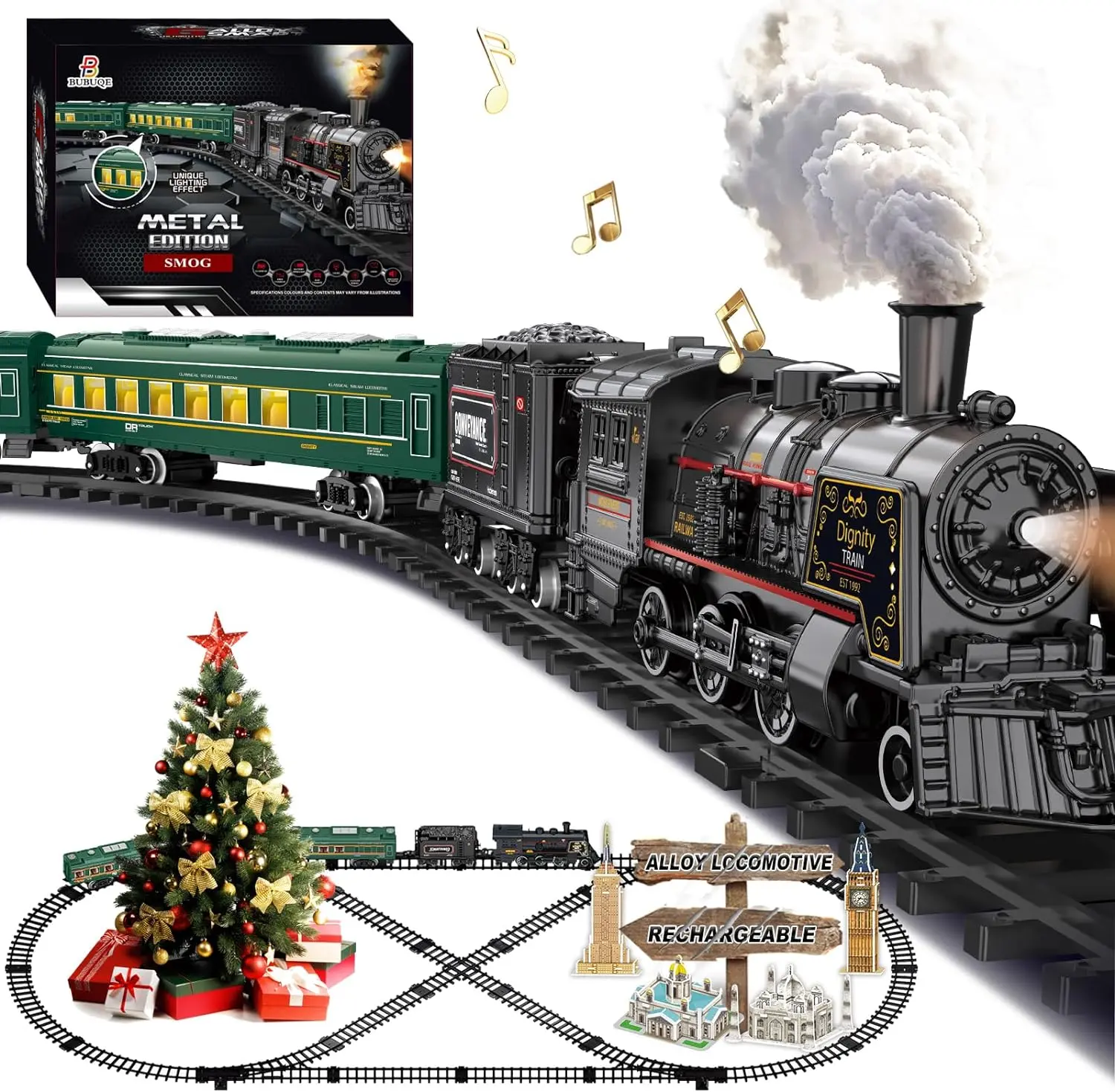 Metal Alloy Electric Steam Train Set for Kids (3-10+ Years) - Lithium Ion Rechargeable Batteries, Glowing Passenger Carriages, Luxury Tracks, Light & Sounds, Red Green, Decoration, 97.2''(L)x41.7''(W) Birthday Gifts
