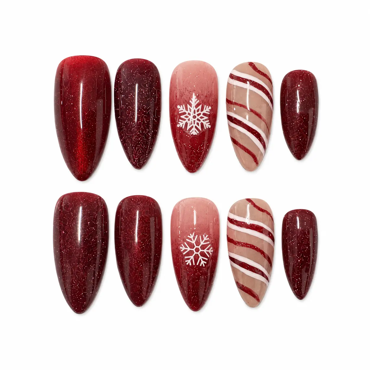 Festive Burgundy Press On Nails Featuring Glitter Shine, Snowflake Art And Candy Cane Stripes, Perfect For Christmas Parties And Chic Winter Holiday Looks This Season