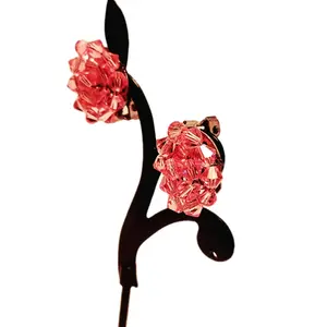 Art Deco Antique Pink Peony Bead Stud Earrings with Wire Wrap and Clip-On