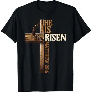Cotton Short Sleeve  T-Shirt Easter Cross He Is Risen Jesus Christian Men Kid Youth T-Shirt