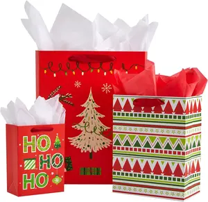 Christmas Gift Bags Assorted Sizes with Tissue Paper, 9 Pack, Red Holiday Theme Bags, Large 13x10.2, Medium 9x7, Small 6.3x4.7 inches