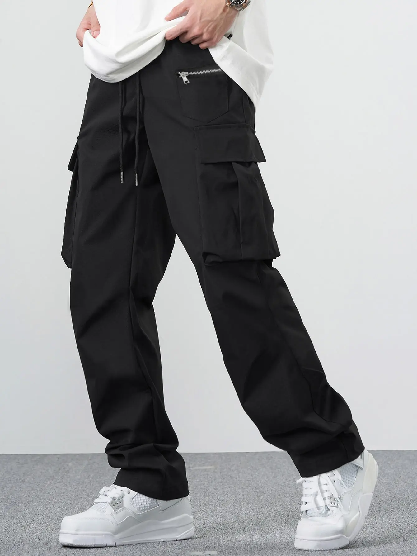 Claim Dot Men Casual Solid Drawstring Waist Cargo Pants SHEIN