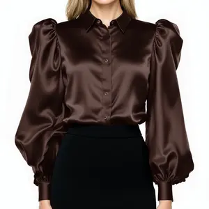 Coffee - Women Satin Puff Long Sleeve Blouse Button Down Shirt Casual Party Work Wear Ladies Elegant Blouse