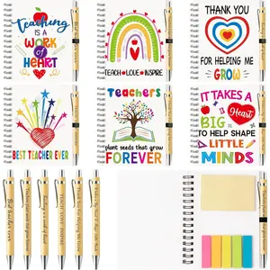 12Pcs Teacher Appreciation Gift Bulk Thank You Gifts Inspirational Spiral Notebook with Sticky Notepad Motivational Bamboo Pens for Teacher's Day School Office Appreciation Birthday Supplies