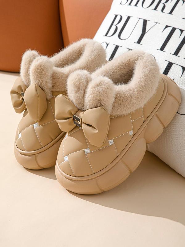Women's Fashionable Bowknot Design Plush Slippers, Casual Comfortable Home Slippers, Warm Slippers for Indoor & Outdoor Use for Fall & Winter, Footwear, House Slippers