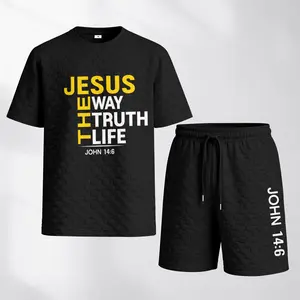Men's Spring And Summer Christian Bible Verse Print With Red And Black Line Checkered Fabric Drawstring Shorts Set, Casual Summer Outfit With Short-Sleeved Shirt And Shorts, Ideal For Everyday Wear And Sports Activities
