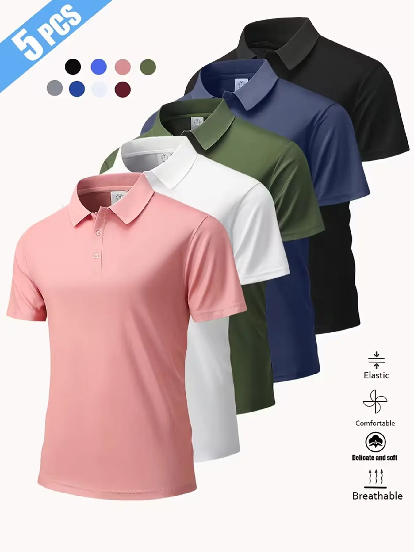 5-Pack Solid Color Micro-Stretch Polo Shirts, Casual Fashion, Fitness Casual Wear, Breathable Lightweight, Breathable Sportswear Top, Breathable Workout Top, Breathable Athletics, Perfect for Sports and Outdoors, Pullover Design