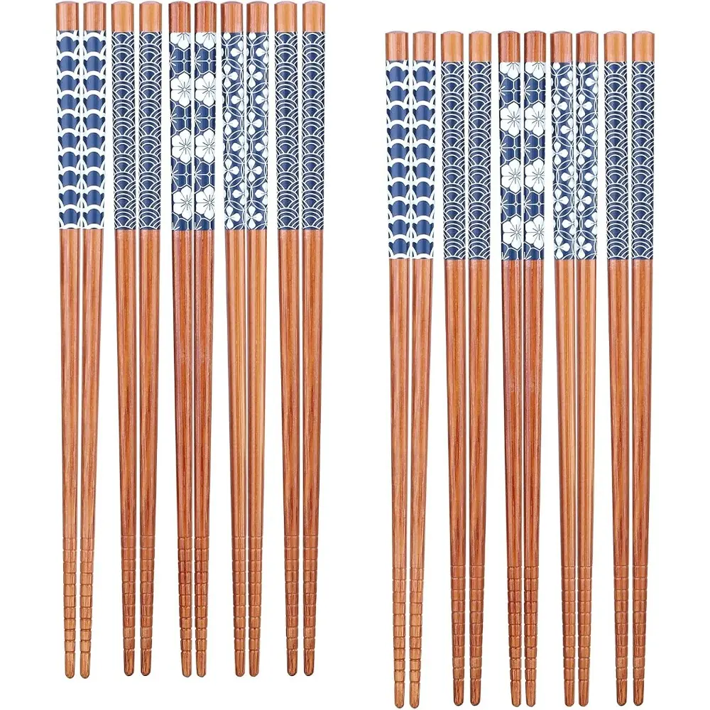 10 Pairs Durable Japanese-Look Natural Bamboo Reusable Chopsticks - 8.8in/22.5cm, Minimalist Print, Non-Slip, Dishwasher Safe Adult Kitchen Cutlery Tableware Set for Family, Gifting, Parties