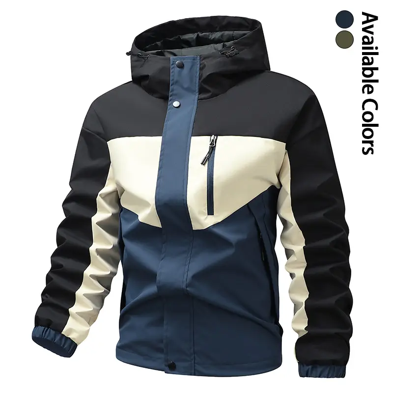 Men’s color-block hooded windproof jacket, waterproof outdoor hiking outerwear with zippered pockets