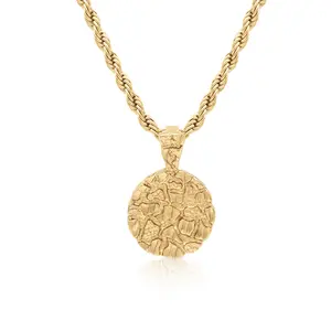 Gold Nugget Necklace with 25mm Circle Pendant 14K Heavy Plated Gold 4mm DC French Rope Chain Lifetime Replacement Guarantee