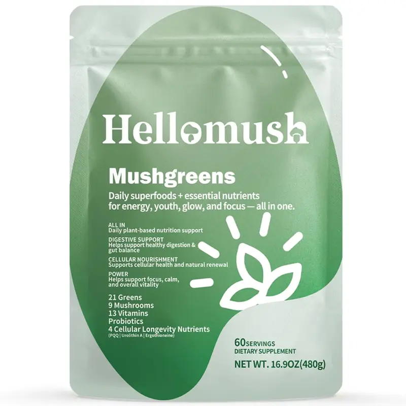 Hellomush Super Greens Powder Superfood, Daily Green Powder Supplement with Probiotics Drink Mix for Men & Women, Blend of Greens, Mushrooms, Vitamins, Probiotics and Cellular Nutrients