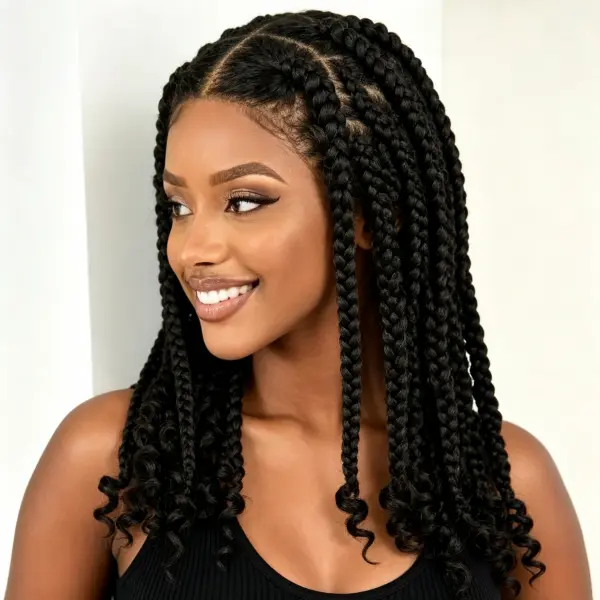 Short 14" Full Lace Braided Wig, Realistic Handmade Box Braids With Curly Tips, Jet Black & Burgundy Ombre, Elastic Straps & Combs, Protective Style Braided Wigs