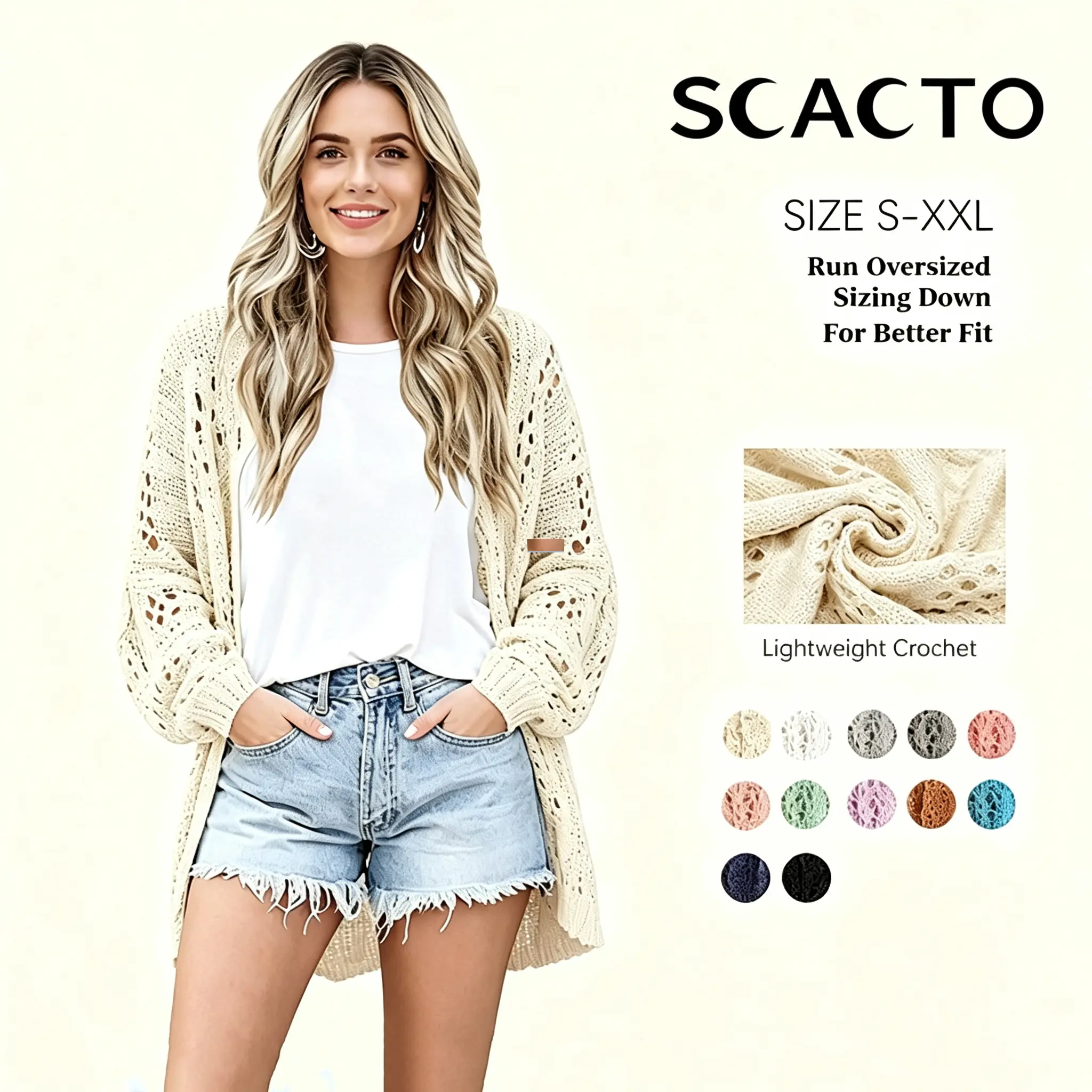 Scacto Cardigan for Women, Plain Crochet Knit with an Open Front V-Neck, Lightweight Acrylic Blend Oversized Batwing Sleeve Sweater with Nice Length for Work, Up to 2XL, Lacy