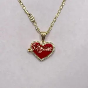 Red Heart Pendant with "Mama" Lettering Gold Plated Necklace Encased in White Rhinestones