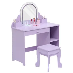 Kids Vanity Table Set with Lighted Mirror & Stool, Makeup Desk with Drawer, Open Storage Shelves, Cubbies & Makeup Playset, Wooden Princess Dressing Table for Little Girls