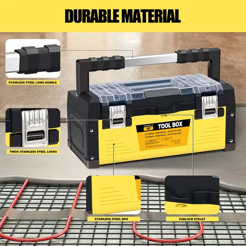 16-inch multi-functional home portable double-layer metal toolbox featuring durable plastic construction with compartmentalized sections,non-slip handle,reinforced durability; assembly-free，for storing automotive repair tools, hardware