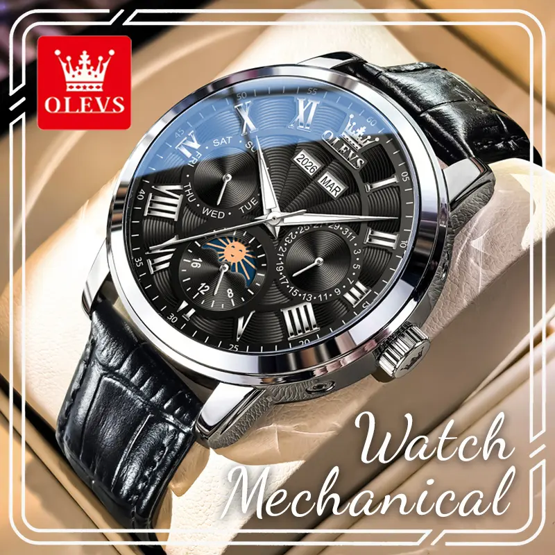 OLEVS 6785 Men's Business Analog Automatic Mechanical Movement Watch, 42mm Black Dial with Roman Numerals, Multi Sub-Dials for Week-Month-Date-Day-Night Display, Luminous Hands, 3ATM (30M - 50M) Water Resistant, Clasp Closure, Ideal Gift for Dads/Husbands