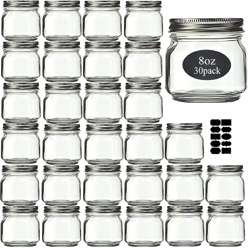 Mason Jars 8 oz 30 Pack- Small Mason Jars With Silver Lids -1/4 Quart Canning Jars| Storage Glass Jars With Lids For Jelly, Jam, Honey, Pickles - Spice Glass Jars - With 30 Chalkboard Labels