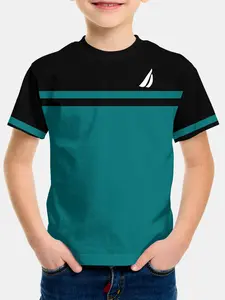 Boys' Short Sleeve Casual Top, Deep Colorblock Design, Sailboat Pattern, Breathable Comfort, Summer Kids Clothing, Graphic Tees