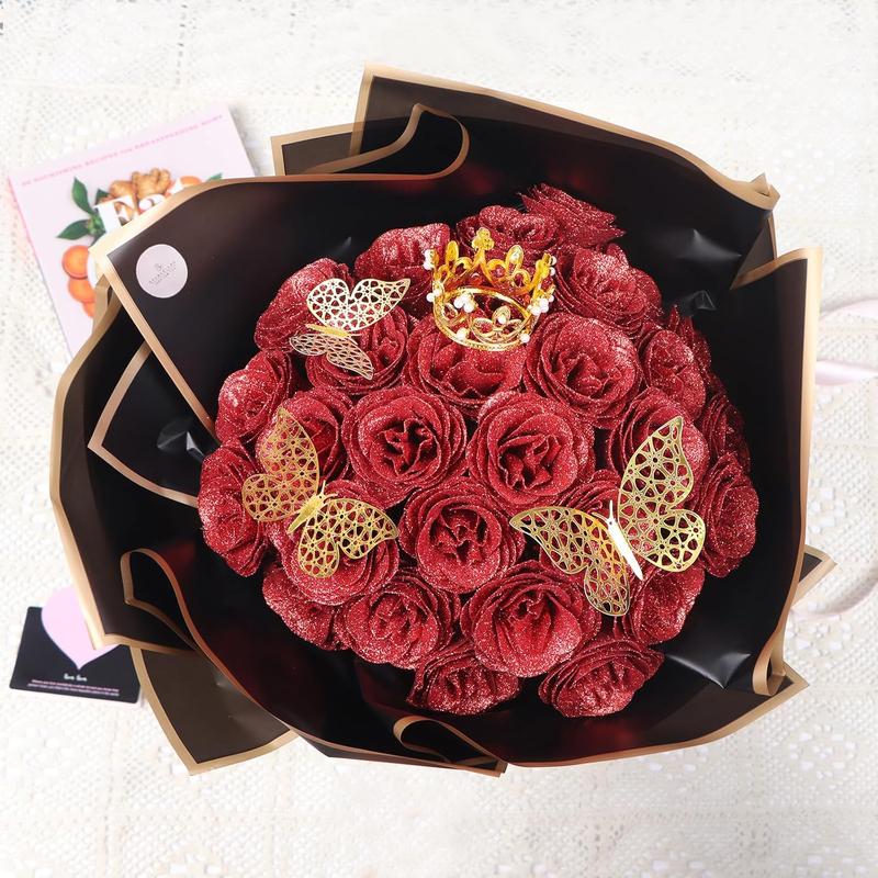 24Pcs DIY Glitter Roses Bouquet – Shiny Artificial Red Roses Bouquet Fake Rose Birthday，Anniversary, Engagement, Wedding, Gifts for Women DIY Decorations Gift Set