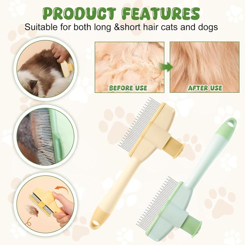 2-Pack Pet Hair Removal Comb & Flea Comb with Release Button for Cats & Dogs - Grooming Brush for Short/Long Hair Green & Yellow
