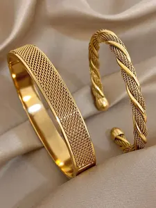 1 pc/2 pcs 18K Gold Plated Stainless Steel Luxury Elegant Woven & Twist Bangle Bracelet Set For Women,Sparkling Elegant Jewelry, Classic Commemorative Gift for Birthday, Anniversary, Special Occasions, Exquisite Bracelet
