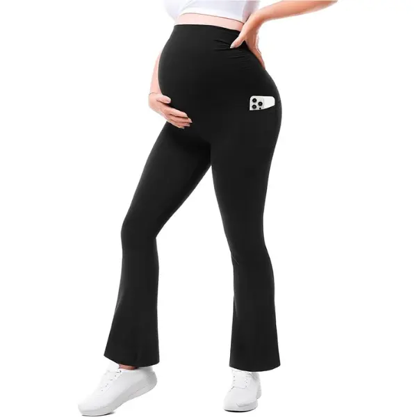 Maternity Flared Leggings with Pocket Over The Belly Buttery Soft Pregnancy Yoga Pants for Workout Ultra Soft Breathable Fabric High Waist Stretchy Waistband Gentle Belly Support Flattering Flare Design