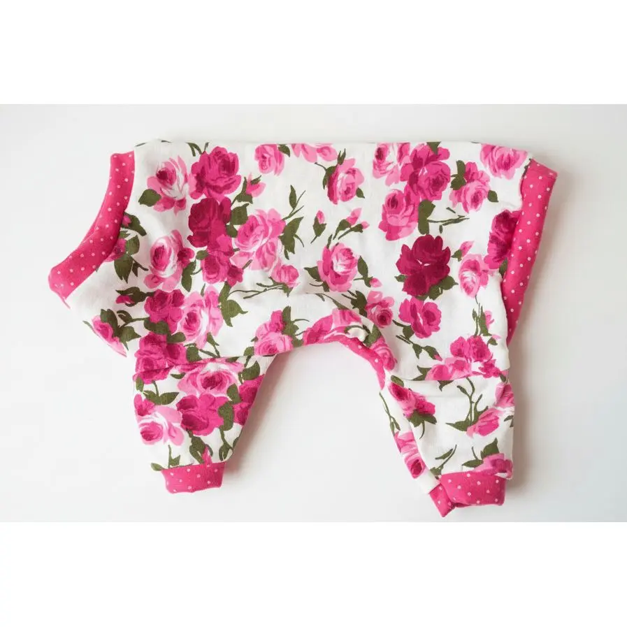 Winter Floral Garden Dog Pajamas in Fuchsia Pink with Polka Dot Trim Soft Premium Fabric for Comfort and Style