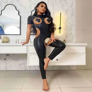 Sexy Lingerie Tight Open Crotch Leaking Breasts One-piece Leather Clothing SM Patent Leather Body Shaper Alternative Queen Outfit