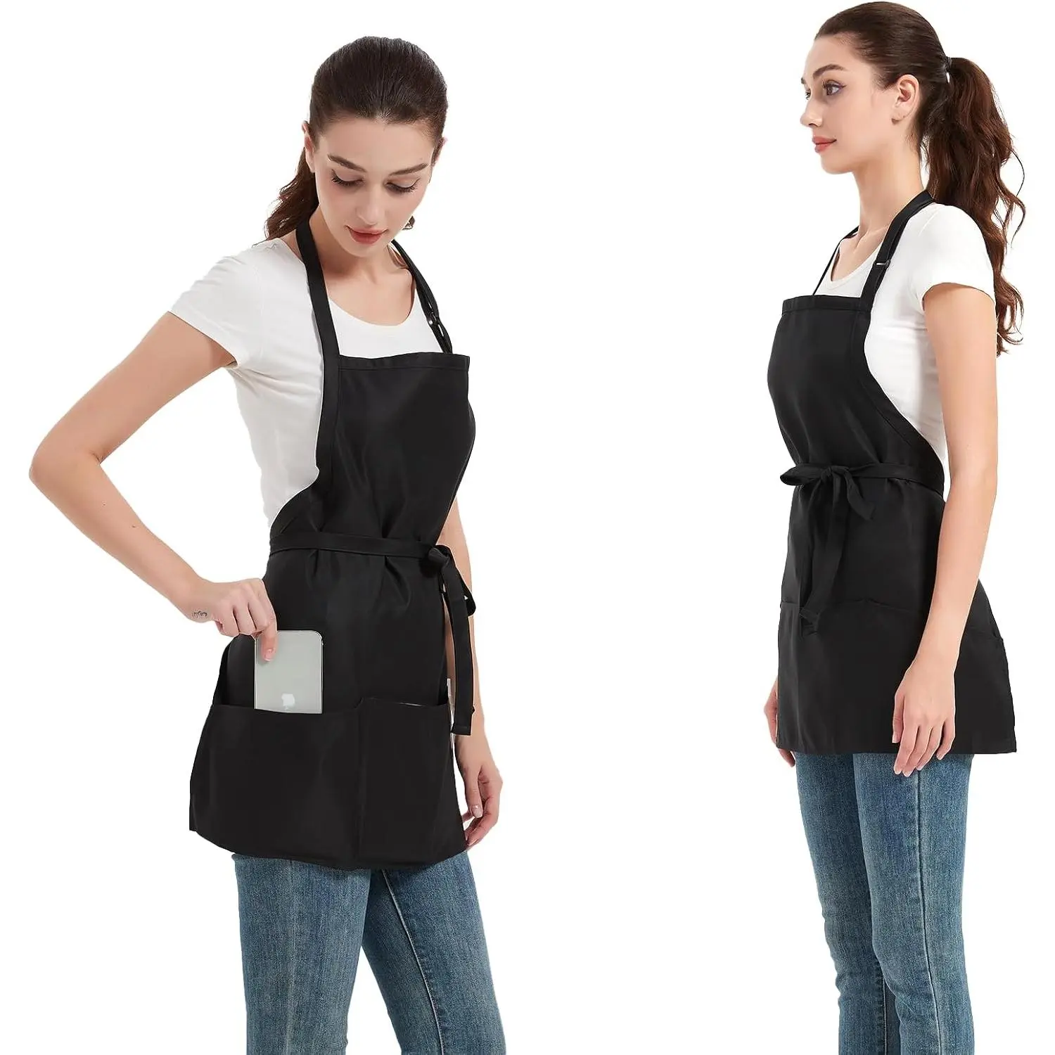 Server Apron, Aprons for Women with 3 Pockets, Machine Washable Aprons for Cooking, Men Chef Apron