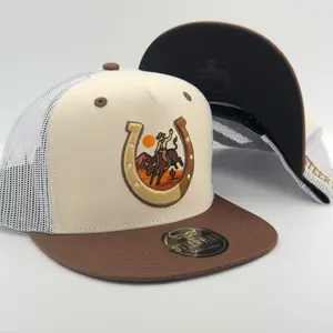 Beige/Brown Horseshoe Cowboy Mesh Flat Cap
